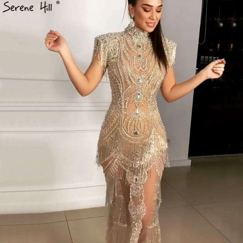 KIMLUD, Gold Tassel Beading Sleeveless Sexy Evening Dresses 2023 Dubai Design Luxury Sexy Evening Gowns Serene Hill BLA60893, gold / 14, KIMLUD Womens Clothes
