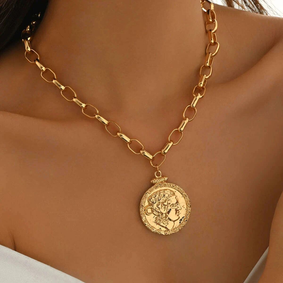 Gold Tone Coin Pendant Necklace - Gold Tone | KIMLUD