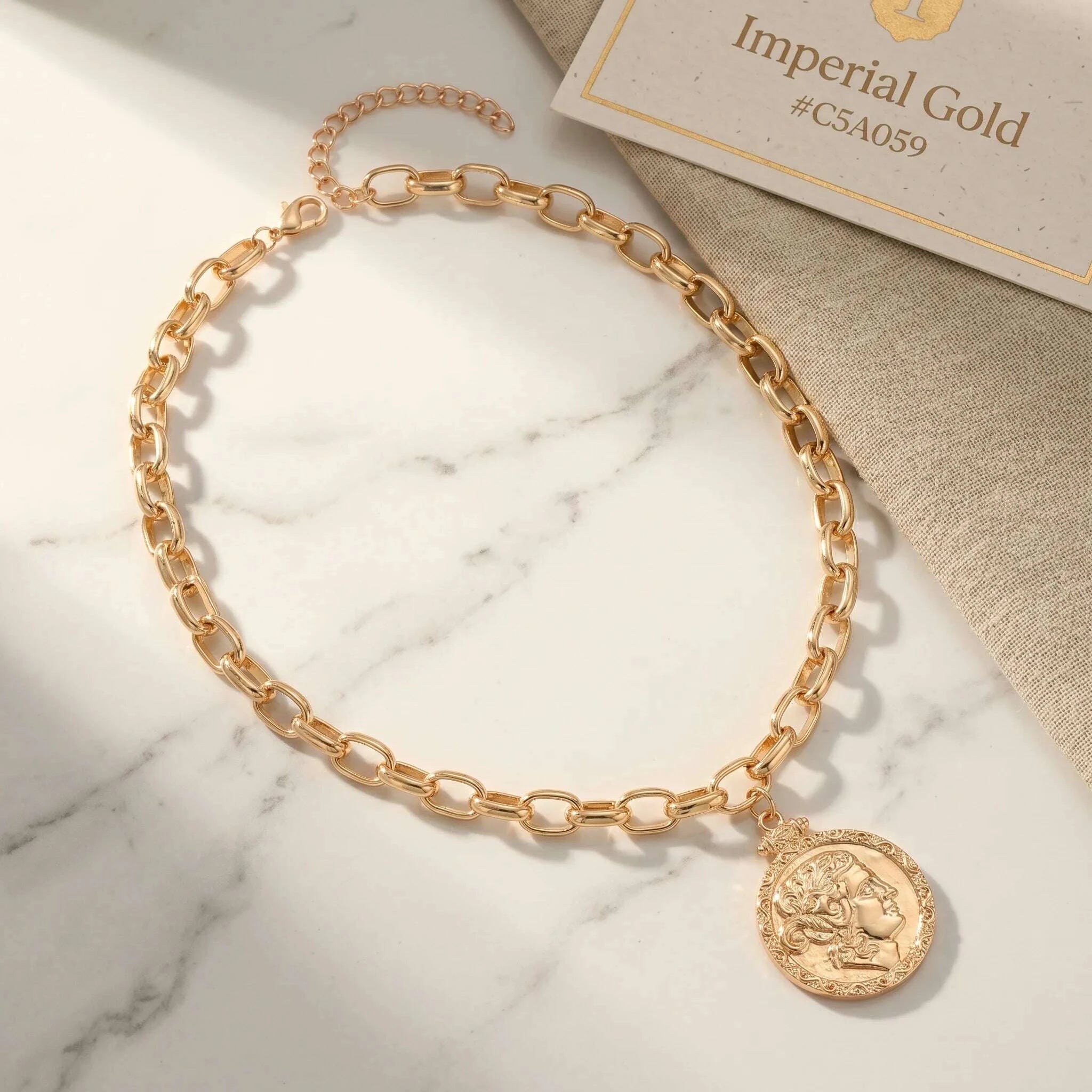 Gold Tone Coin Pendant Necklace - Gold Tone | KIMLUD