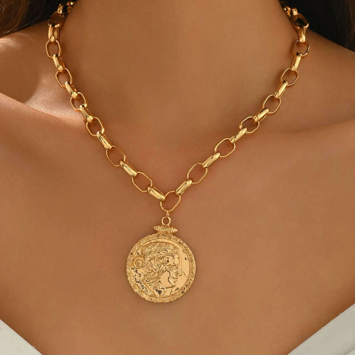 Gold Tone Coin Pendant Necklace - Gold Tone | KIMLUD