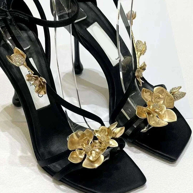 Golden Flowers Women Silk High Heels Luxury Designer Sandal Metallic Flower Square Toe Pointed Fine Heel Party Dress Shoes Pumps - KIMLUD