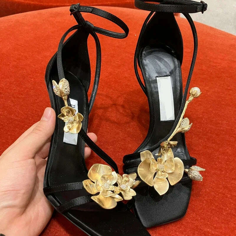 Golden Flowers Women Silk High Heels Luxury Designer Sandal Metallic Flower Square Toe Pointed Fine Heel Party Dress Shoes Pumps - KIMLUD