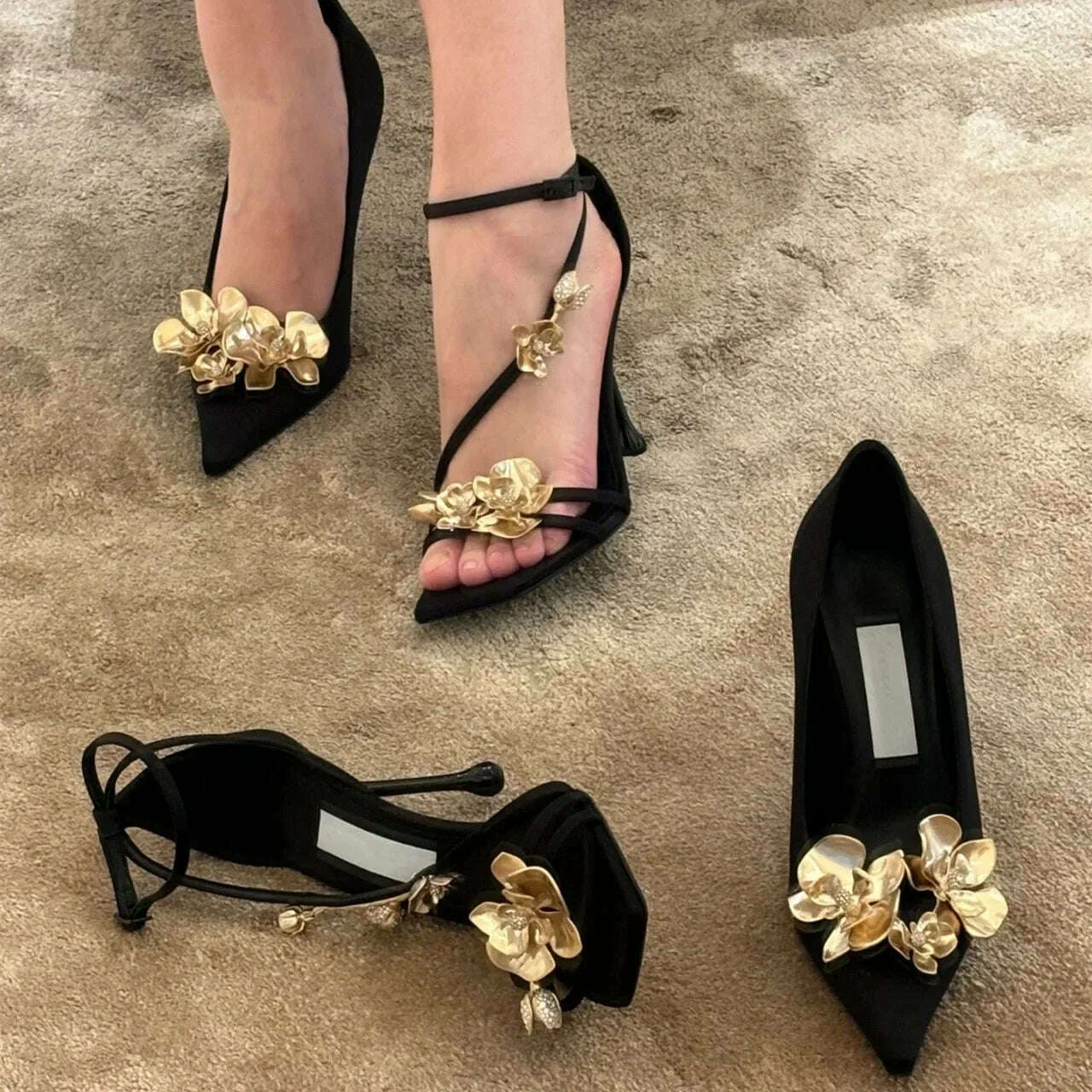 Golden Flowers Women Silk High Heels Luxury Designer Sandal Metallic Flower Square Toe Pointed Fine Heel Party Dress Shoes Pumps - KIMLUD