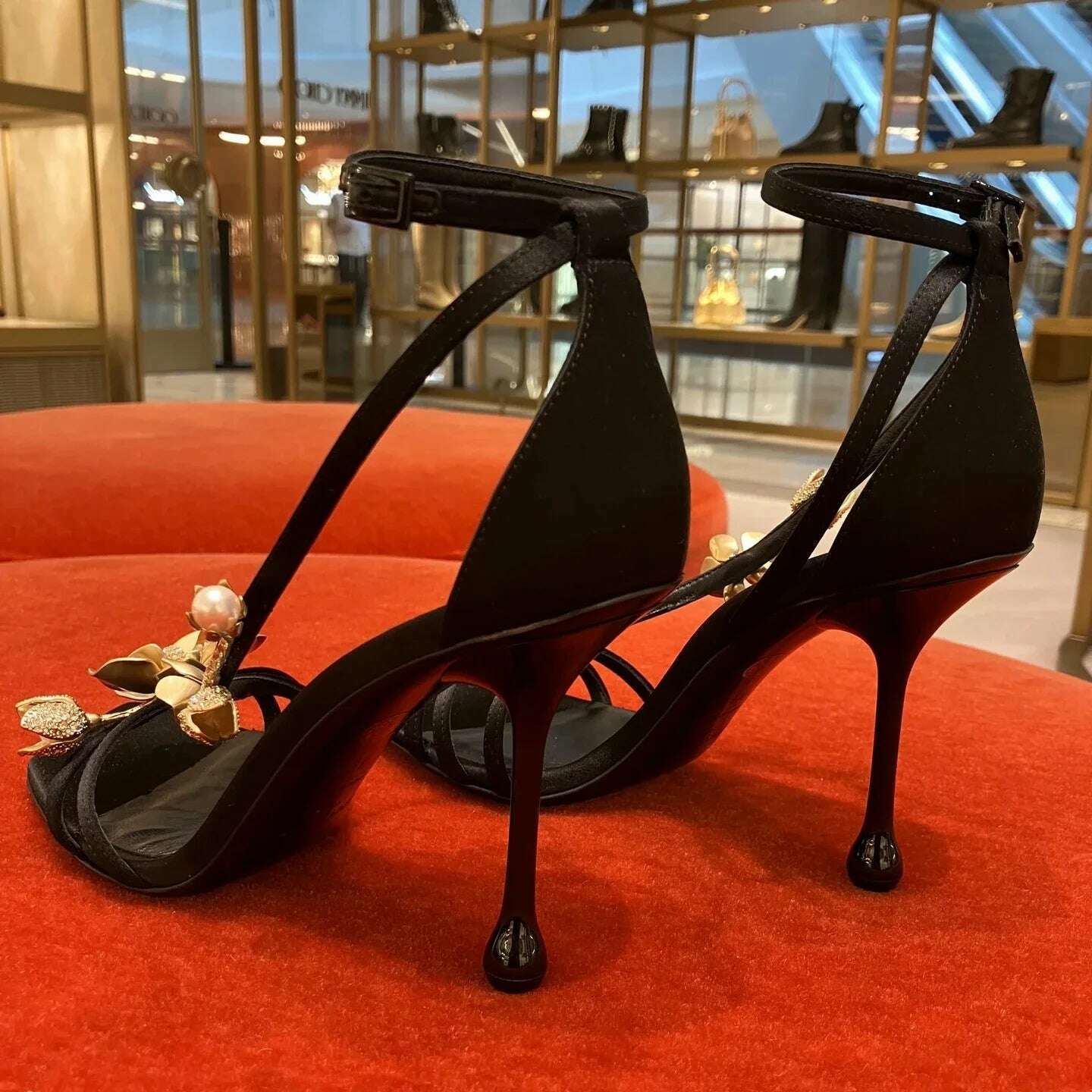 Golden Flowers Women Silk High Heels Luxury Designer Sandal Metallic Flower Square Toe Pointed Fine Heel Party Dress Shoes Pumps - KIMLUD