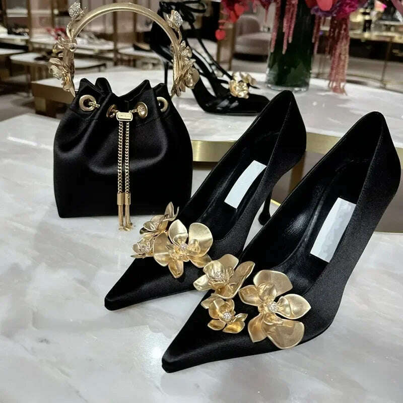 Golden Flowers Women Silk High Heels Luxury Designer Sandal Metallic Flower Square Toe Pointed Fine Heel Party Dress Shoes Pumps - KIMLUD
