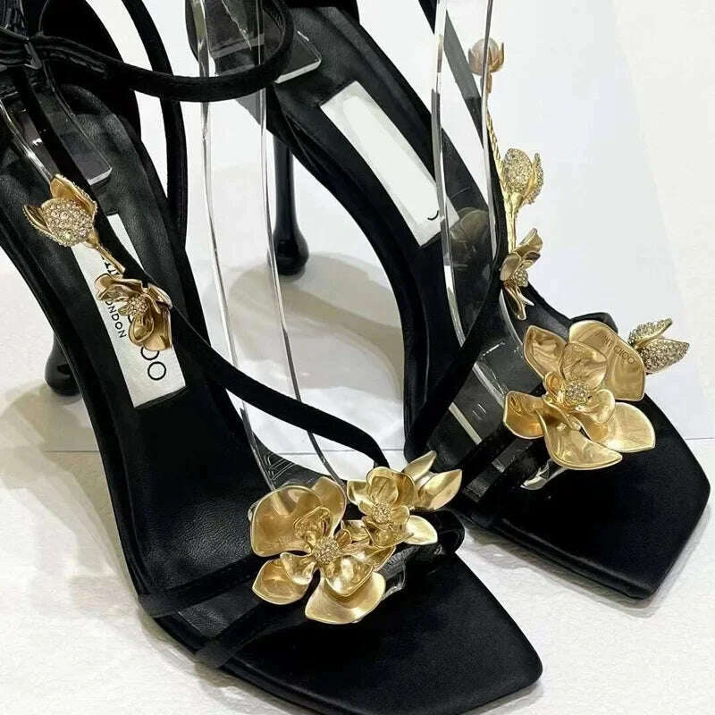 Golden Flowers Women Silk High Heels Luxury Designer Sandal Metallic Flower Square Toe Pointed Fine Heel Party Dress Shoes Pumps - KIMLUD