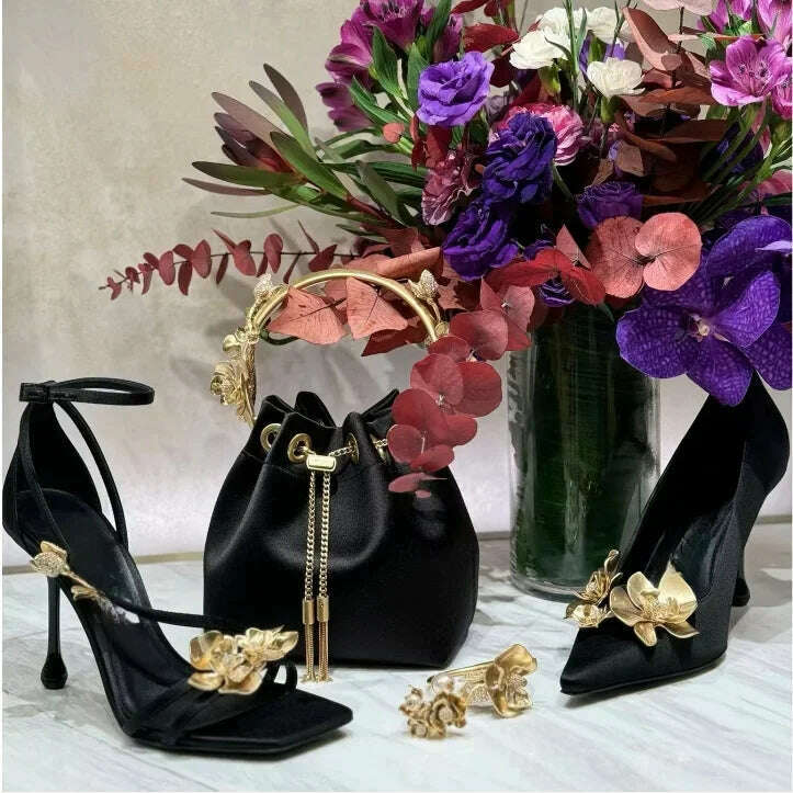 Golden Flowers Women Silk High Heels Luxury Designer Sandal Metallic Flower Square Toe Pointed Fine Heel Party Dress Shoes Pumps - KIMLUD