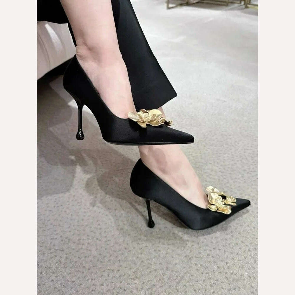 Golden Flowers Women Silk High Heels Luxury Designer Sandal Metallic Flower Square Toe Pointed Fine Heel Party Dress Shoes Pumps - KIMLUD