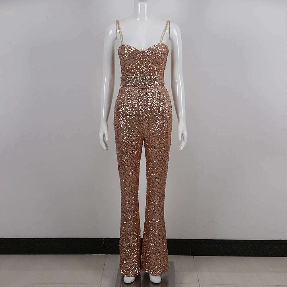 KIMLUD, Golden spaghetti strap Women's Jumpsuit 2023 Summer New Sleeveless Bodycon Jumpsuits Women Bodysuit Clothes Streetwear, KIMLUD Womens Clothes