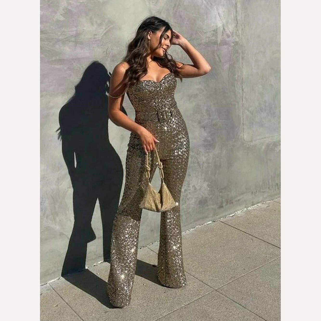 KIMLUD, Golden spaghetti strap Women's Jumpsuit 2023 Summer New Sleeveless Bodycon Jumpsuits Women Bodysuit Clothes Streetwear, KIMLUD Womens Clothes