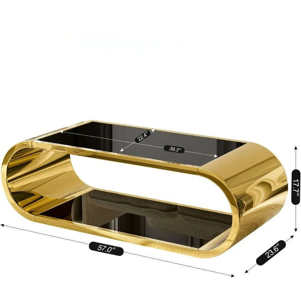 Golden Stainless Steel Glass Coffee Table, Modern Living Room Coffee Table, 2-story Glass Roof Large Space Stylish Design - KIMLUD