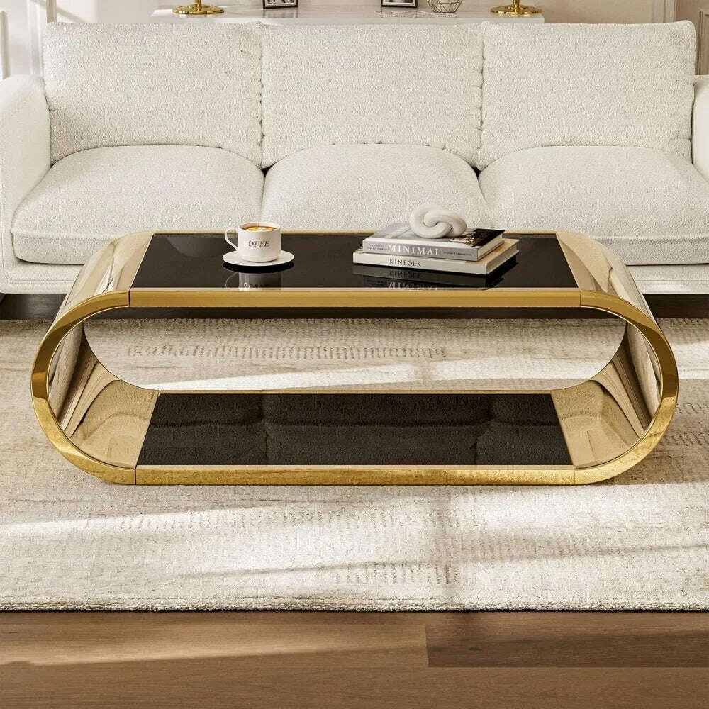 Golden Stainless Steel Glass Coffee Table, Modern Living Room Coffee Table, 2-story Glass Roof Large Space Stylish Design - KIMLUD