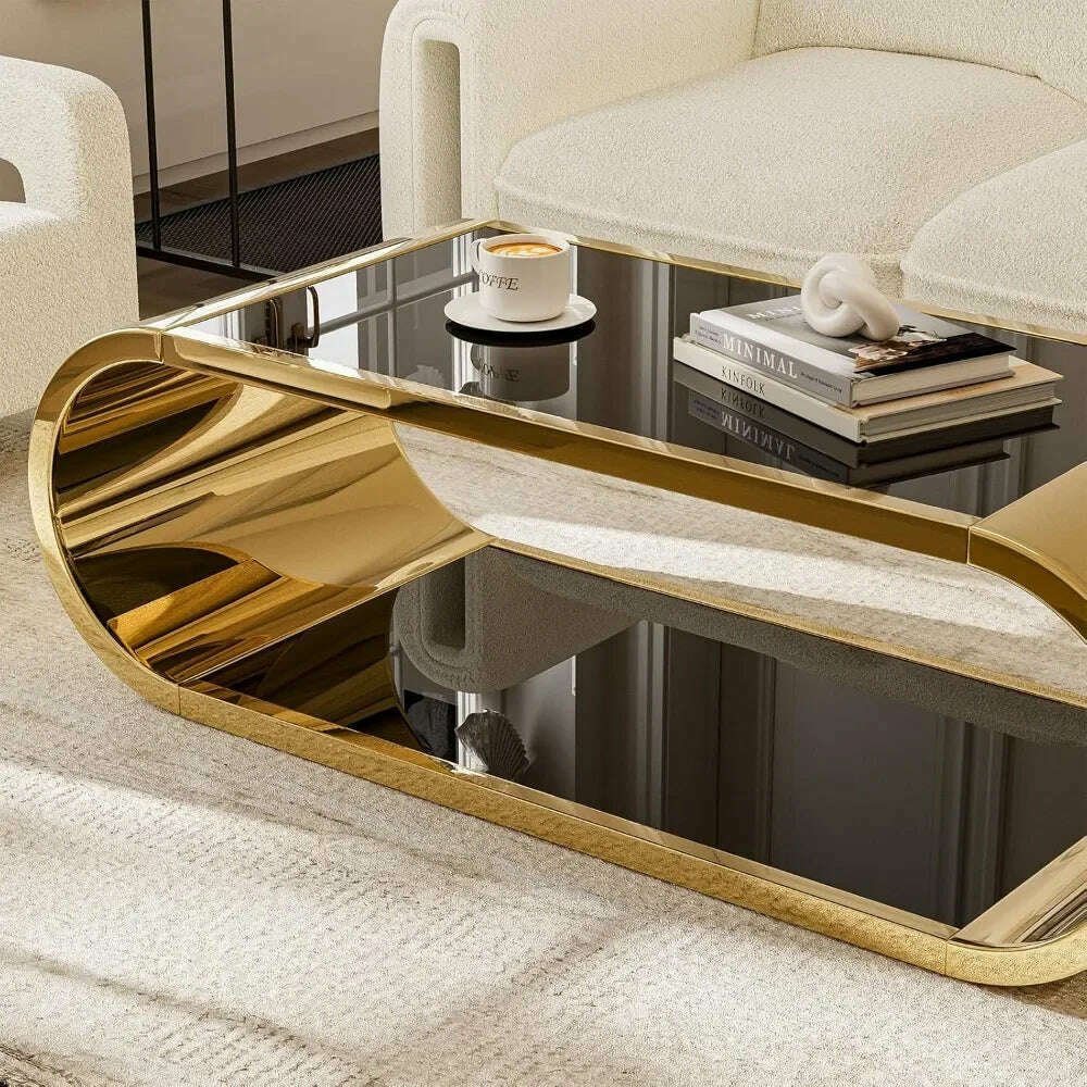 Golden Stainless Steel Glass Coffee Table, Modern Living Room Coffee Table, 2-story Glass Roof Large Space Stylish Design - KIMLUD