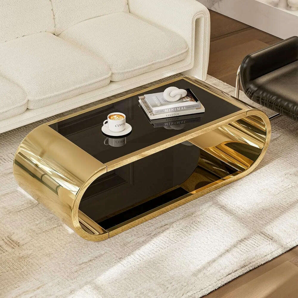 Golden Stainless Steel Glass Coffee Table, Modern Living Room Coffee Table, 2-story Glass Roof Large Space Stylish Design - KIMLUD