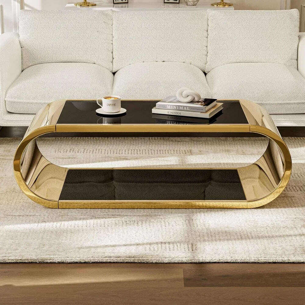 Golden Stainless Steel Glass Coffee Table, Modern Living Room Coffee Table, 2-story Glass Roof Large Space Stylish Design - KIMLUD