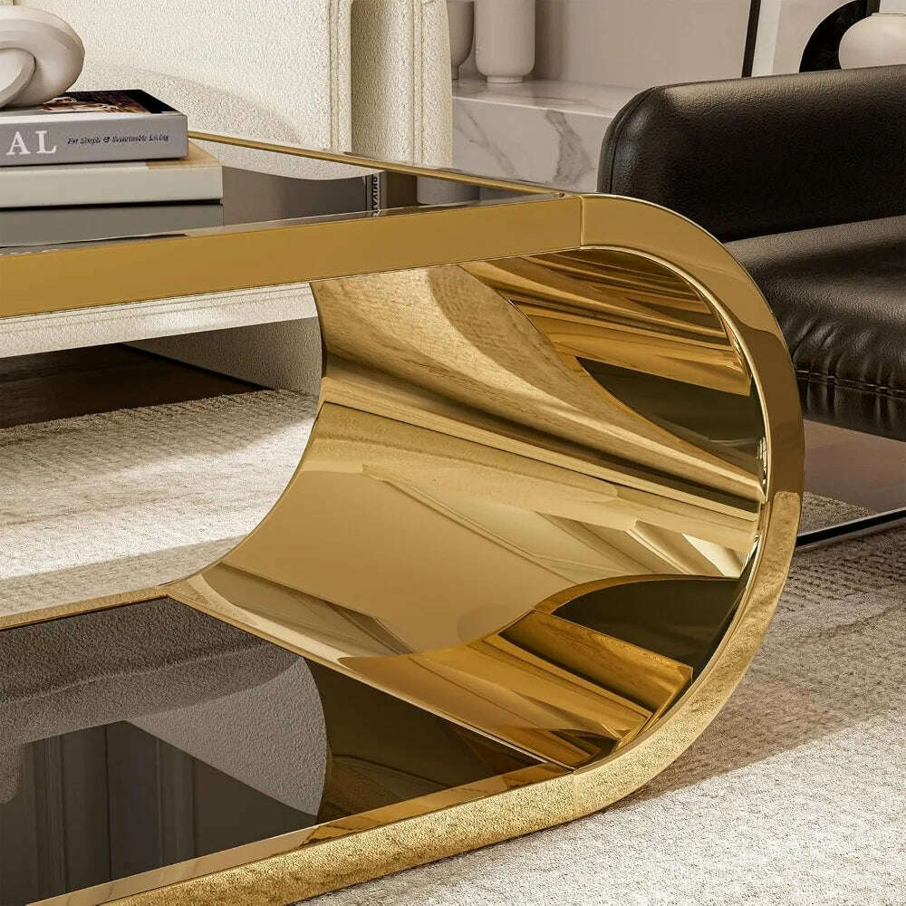 Golden Stainless Steel Glass Coffee Table, Modern Living Room Coffee Table, 2-story Glass Roof Large Space Stylish Design - KIMLUD