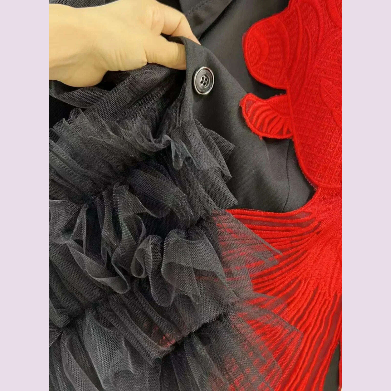 KIMLUD, Goldfish Embroidery Mesh Spliced Ruffles Shawl Blazer Coat OL Turn Down Collar Gauze Pleated Suit Jacket Irregular Cardigan Tops, KIMLUD Womens Clothes