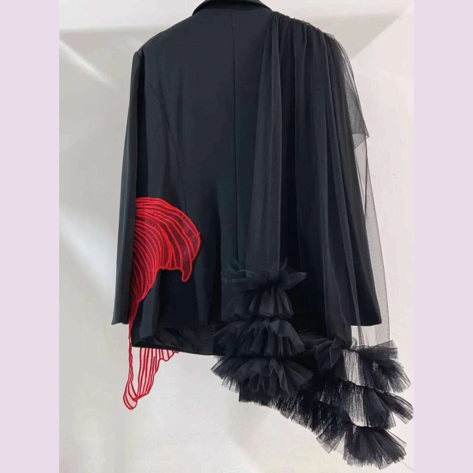 KIMLUD, Goldfish Embroidery Mesh Spliced Ruffles Shawl Blazer Coat OL Turn Down Collar Gauze Pleated Suit Jacket Irregular Cardigan Tops, KIMLUD Womens Clothes