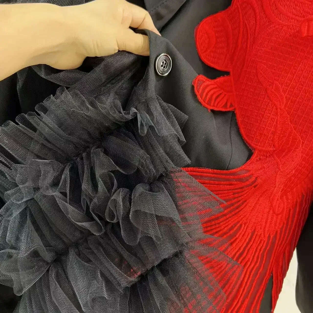 KIMLUD, Goldfish Embroidery Mesh Spliced Ruffles Shawl Blazer Coat OL Turn Down Collar Gauze Pleated Suit Jacket Irregular Cardigan Tops, KIMLUD Womens Clothes