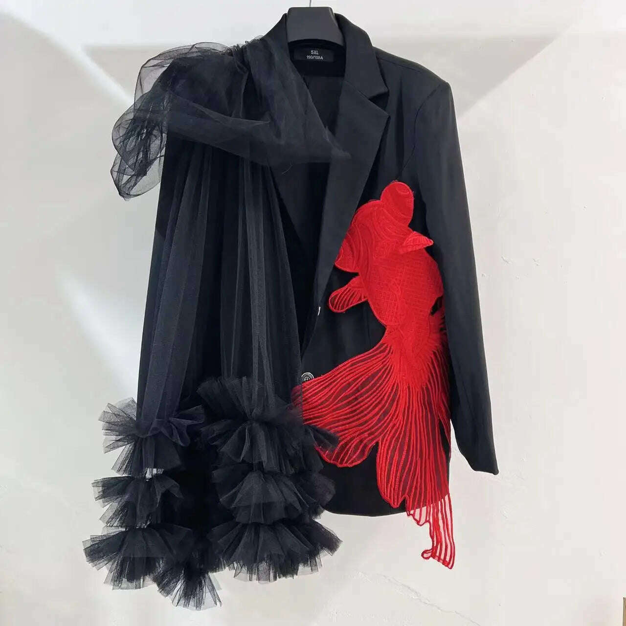 KIMLUD, Goldfish Embroidery Mesh Spliced Ruffles Shawl Blazer Coat OL Turn Down Collar Gauze Pleated Suit Jacket Irregular Cardigan Tops, KIMLUD Womens Clothes