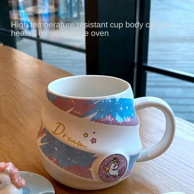 Gorgeous Relief Unicorn Coffee Mug with Mobile Phone Holder Lid Cute Water Tea Ceramic Milk Breakfast Cup Creative Gift - KIMLUD