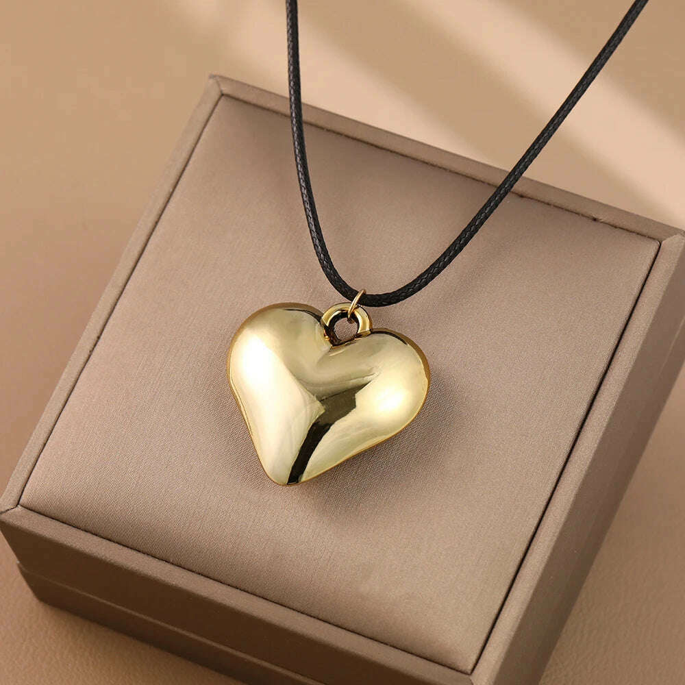 Goth Black Leather Braid Wax Cord Short Chain Necklace for Women Simple Love Heart Pendant Choker Halloween Jewelry Accessories - KIMLUD