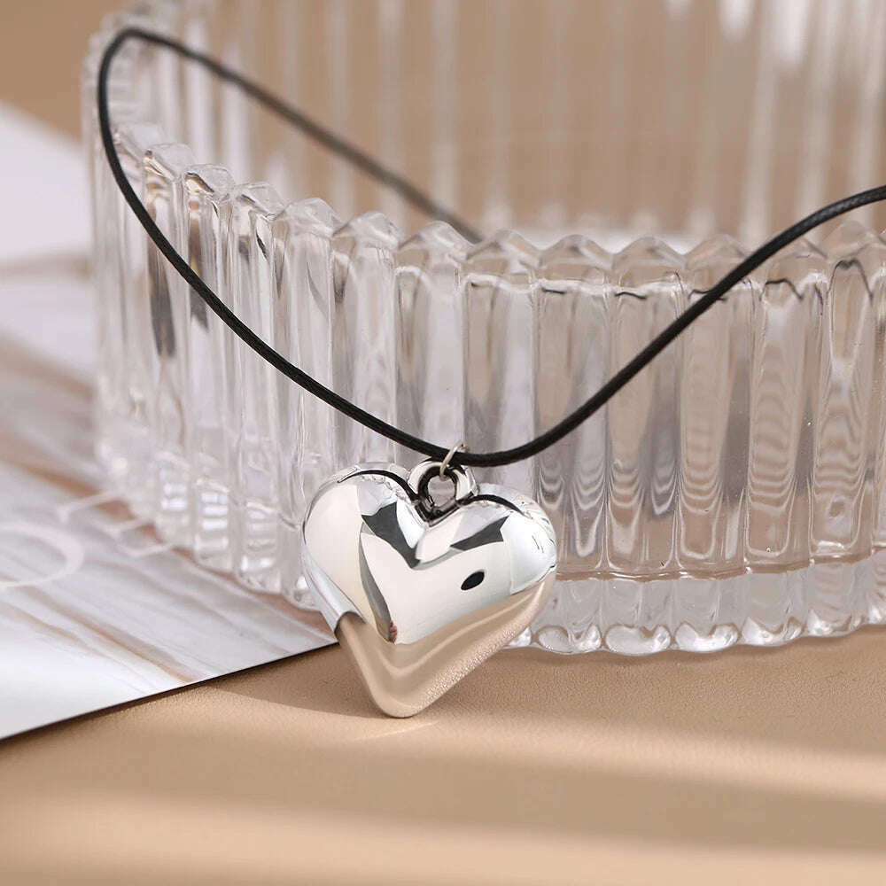 Goth Black Leather Braid Wax Cord Short Chain Necklace for Women Simple Love Heart Pendant Choker Halloween Jewelry Accessories - KIMLUD