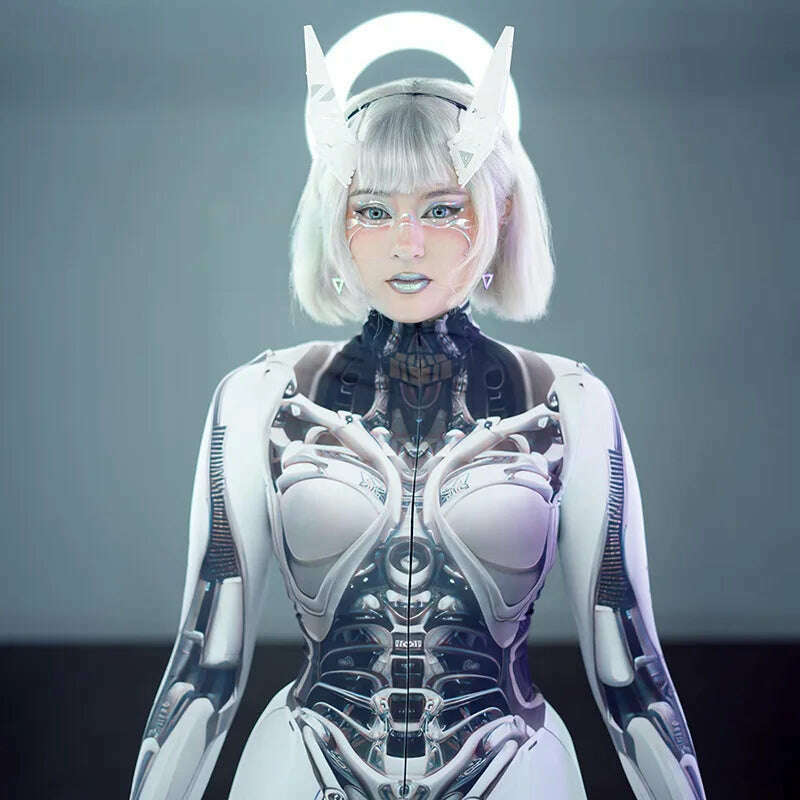 Goth Dark 3D Printed Cosplay Bodycon Jumpsuits Y2k Techwear Long Sleeve Gothic Punk Playsuits Anime Women Mock Neck Zip Bodysuit - KIMLUD