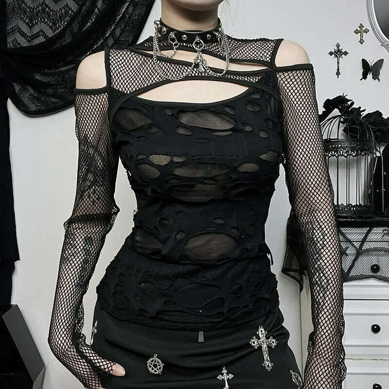 Goth Dark Frayed Mall Gothic Hollow Out T-shirts Grunge Punk Fishnet P Goth Dark Frayed Mall Gothic Hollow Out T-shirts Grunge Punk Fishnet P