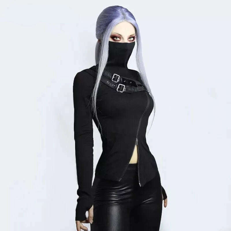 KIMLUD, Goth Dark Gothic Grunge Style T-shirts Punk Black Long Sleeve Turtleneck Tee Bodycon Zipper And Belt Front Patchwork Women Tops, KIMLUD Womens Clothes
