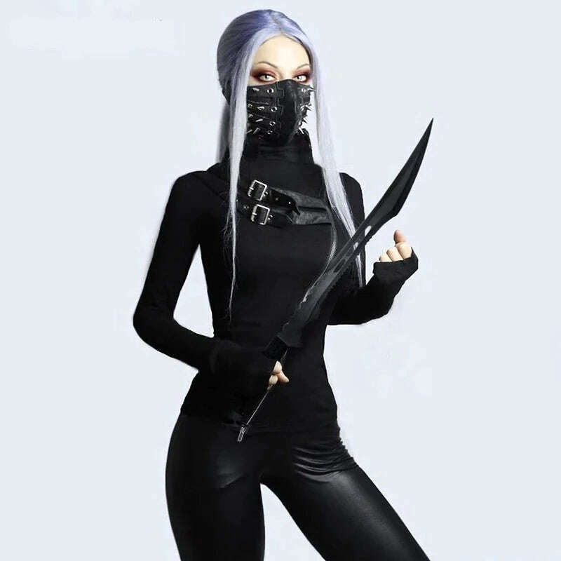 KIMLUD, Goth Dark Gothic Grunge Style T-shirts Punk Black Long Sleeve Turtleneck Tee Bodycon Zipper And Belt Front Patchwork Women Tops, KIMLUD Womens Clothes