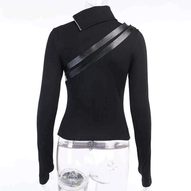 KIMLUD, Goth Dark Gothic Grunge Style T-shirts Punk Black Long Sleeve Turtleneck Tee Bodycon Zipper And Belt Front Patchwork Women Tops, KIMLUD Womens Clothes