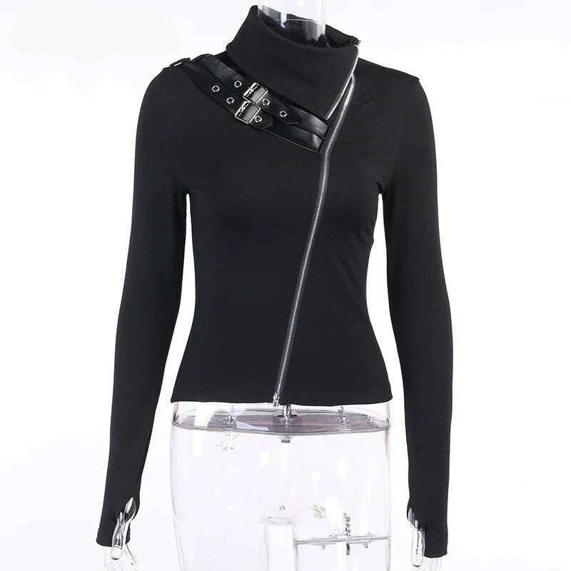 KIMLUD, Goth Dark Gothic Grunge Style T-shirts Punk Black Long Sleeve Turtleneck Tee Bodycon Zipper And Belt Front Patchwork Women Tops, KIMLUD Womens Clothes