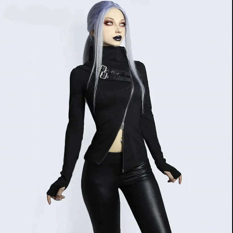 KIMLUD, Goth Dark Gothic Grunge Style T-shirts Punk Black Long Sleeve Turtleneck Tee Bodycon Zipper And Belt Front Patchwork Women Tops, KIMLUD Womens Clothes