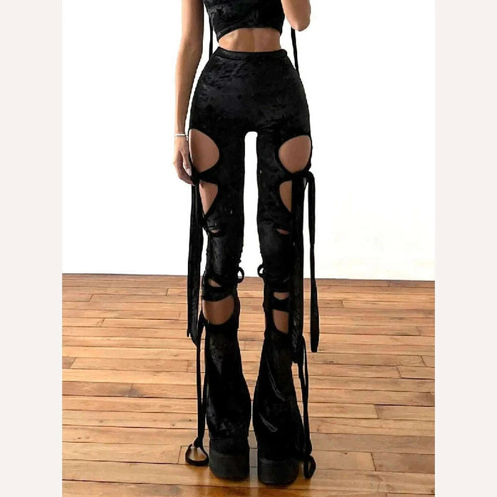 KIMLUD, Goth Dark Velvet Hollow Out Mall Gothic Pencil Pants Grunge Aesthetic Punk Sexy High Waist Trousers Y2k Bandage Women Alt Bottom, black / M, KIMLUD Womens Clothes