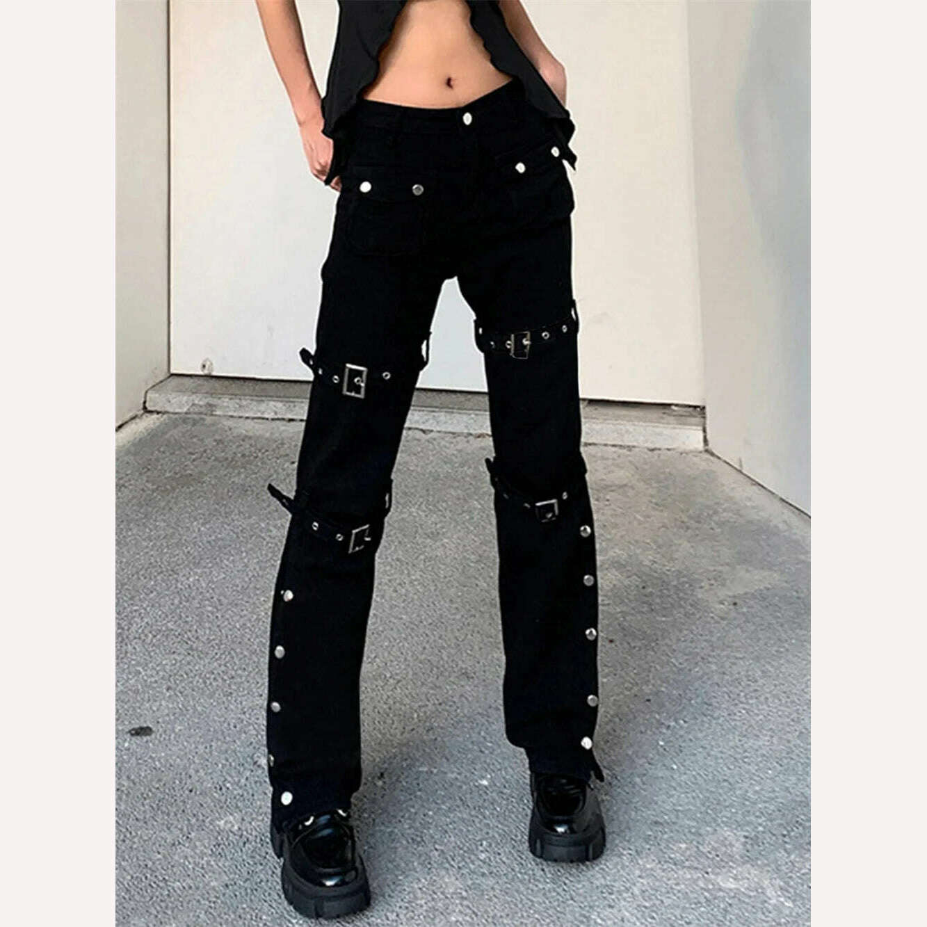 KIMLUD, Gothic Bandage Women Baggy Jeans Punk Style Egirl Black Denim Trousers Y2K Dark Academia Hight Waist Streetwear Pants, new1 no belt / S, KIMLUD Womens Clothes
