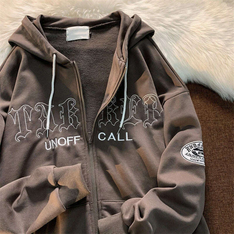 KIMLUD, Gothic Embroidery Hoodies Women Retro Harajuku Hip Hop Jacket High Street Zip Up Hoodie Casual Loose Sweatshirt Clothes Y2K Tops, Coffee / XXL, KIMLUD APPAREL - Womens Clothes