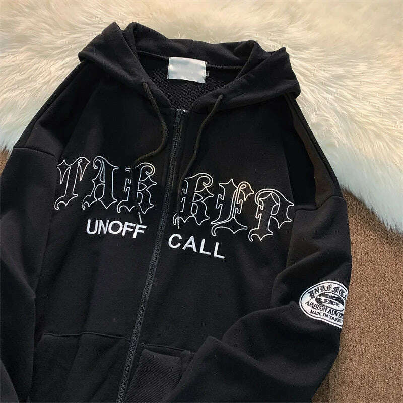 KIMLUD, Gothic Embroidery Hoodies Women Retro Harajuku Hip Hop Jacket High Street Zip Up Hoodie Casual Loose Sweatshirt Clothes Y2K Tops, Black / M, KIMLUD APPAREL - Womens Clothes