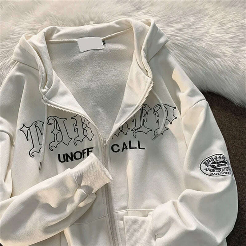 KIMLUD, Gothic Embroidery Hoodies Women Retro Harajuku Hip Hop Jacket High Street Zip Up Hoodie Casual Loose Sweatshirt Clothes Y2K Tops, White / XL, KIMLUD APPAREL - Womens Clothes
