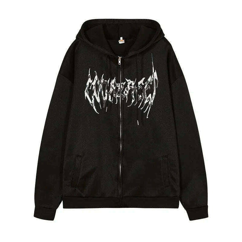 Gothic Graphic Print Jackets Women Y2K Zip Up Hoodies Streetwear Sweatshirts Hip Hop Tops Loose Harajuku Casual Coats - KIMLUD