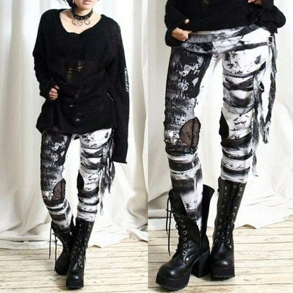 Gothic Mesh Tie Leggings For Woman Clothing 2023 Autumn Streetwear Girls Black Long Pants for Female Bodycon Trousers - KIMLUD