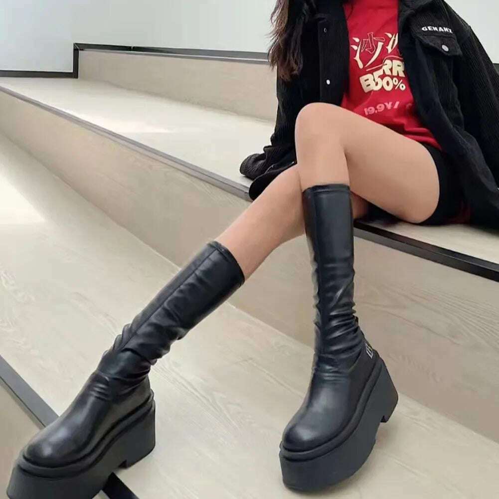 KIMLUD, Gothic Platform High Boots Shoes For Women Halloween Combat Motorcycle Boots Black Punk Chunky Long Design Knee-high Boots, black long boots / CN35, KIMLUD APPAREL - Womens Clothes