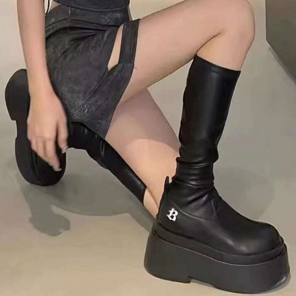 KIMLUD, Gothic Platform High Boots Shoes For Women Halloween Combat Motorcycle Boots Black Punk Chunky Long Design Knee-high Boots, KIMLUD Womens Clothes