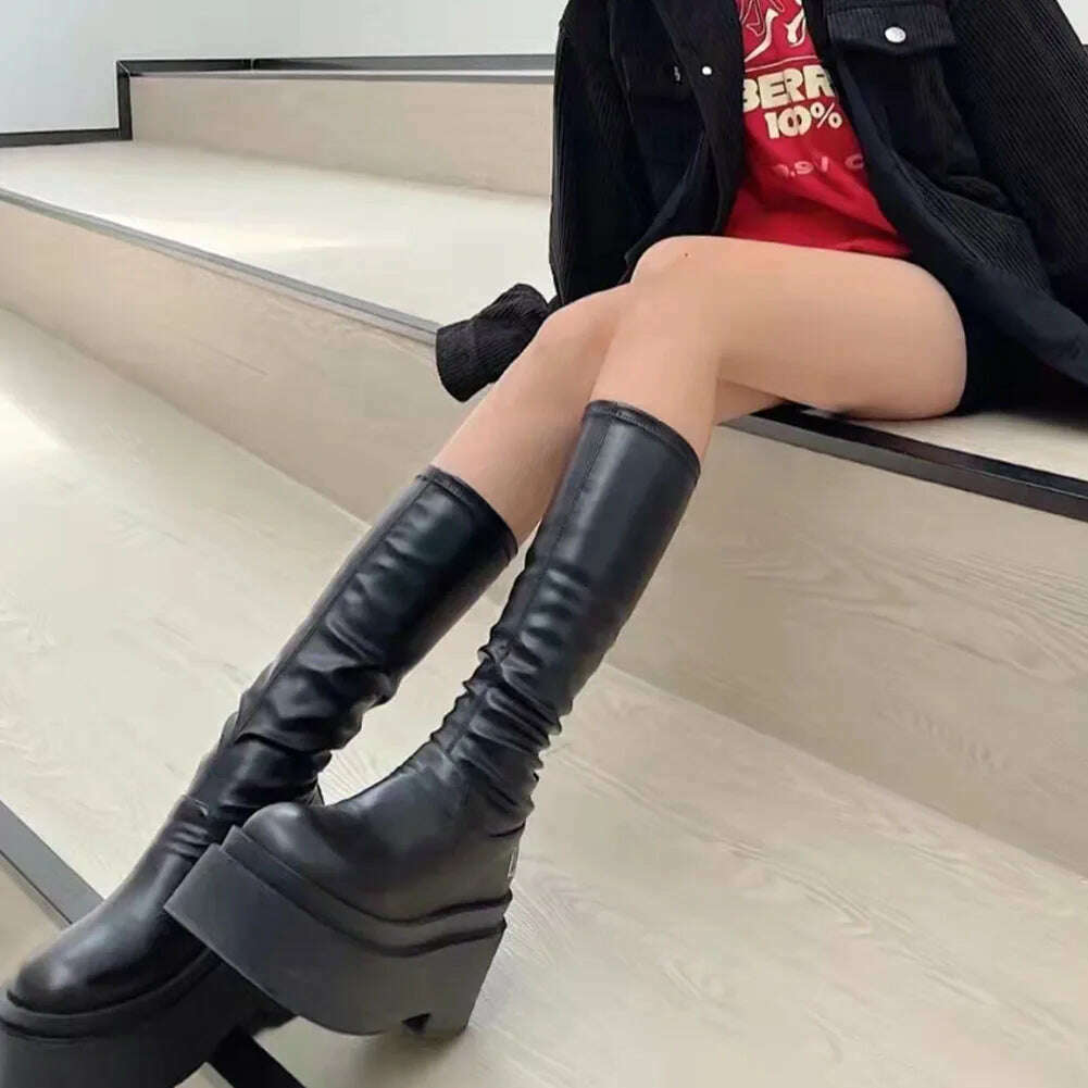 KIMLUD, Gothic Platform High Boots Shoes For Women Halloween Combat Motorcycle Boots Black Punk Chunky Long Design Knee-high Boots, KIMLUD Womens Clothes
