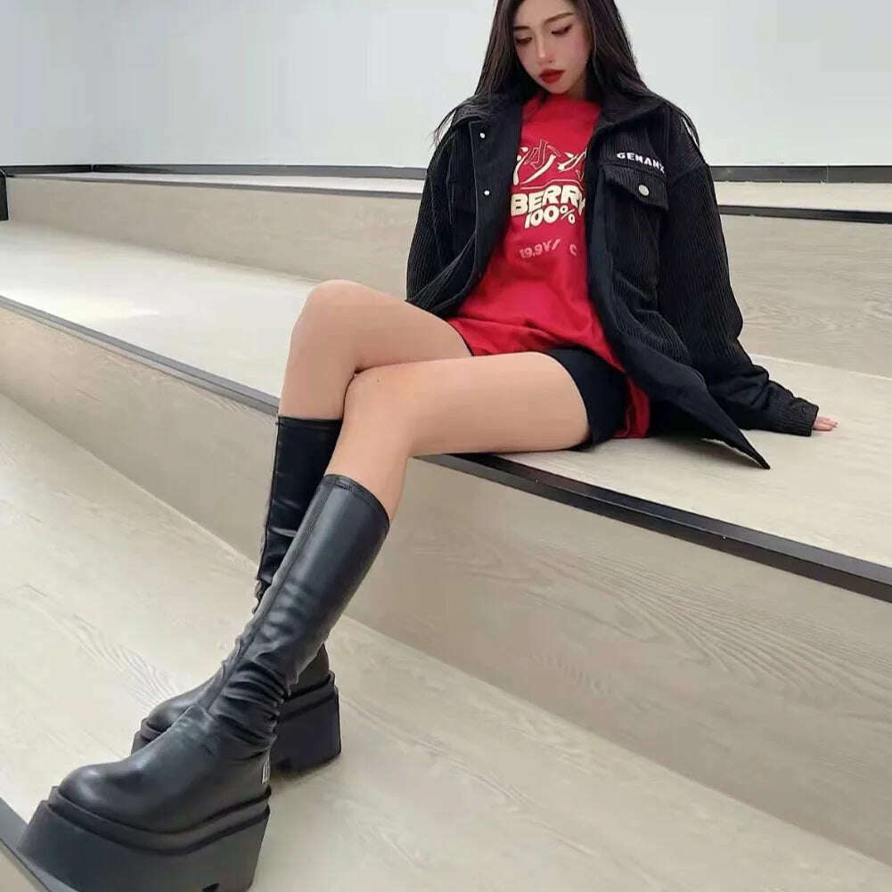 KIMLUD, Gothic Platform High Boots Shoes For Women Halloween Combat Motorcycle Boots Black Punk Chunky Long Design Knee-high Boots, KIMLUD Womens Clothes