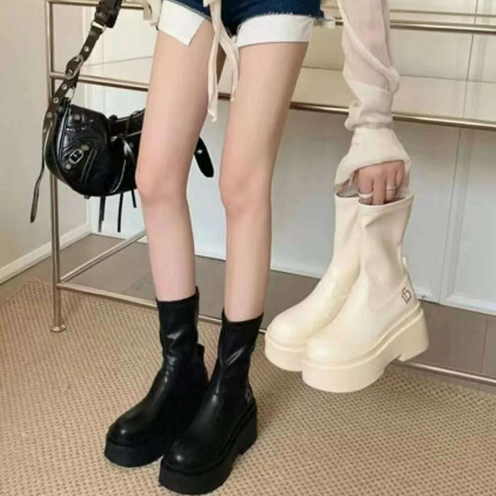 KIMLUD, Gothic Platform High Boots Shoes For Women Halloween Combat Motorcycle Boots Black Punk Chunky Long Design Knee-high Boots, KIMLUD Womens Clothes