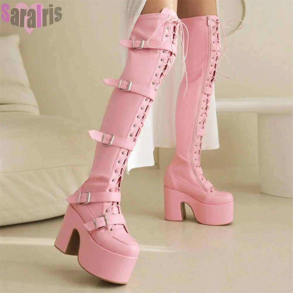 KIMLUD, Gothic Punk Women Thigh Boots Platform Chunky High Heels Cosplay Black Street Shoes For Woman Y2K Motorcycle Over The Knee Boots, pink 1 / 5, KIMLUD APPAREL - Womens Clothes