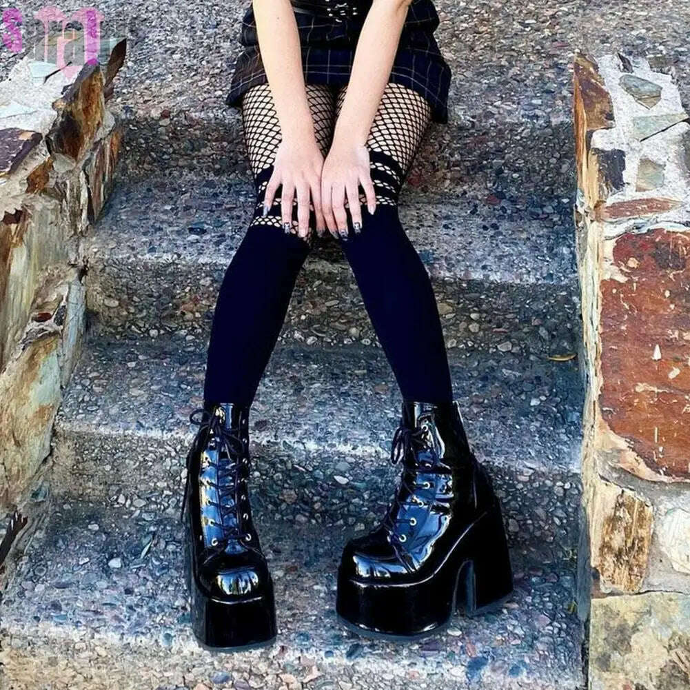 KIMLUD, Gothic Punk Women Thigh Boots Platform Chunky High Heels Cosplay Black Street Shoes For Woman Y2K Motorcycle Over The Knee Boots, black patent 2 / 5, KIMLUD APPAREL - Womens Clothes