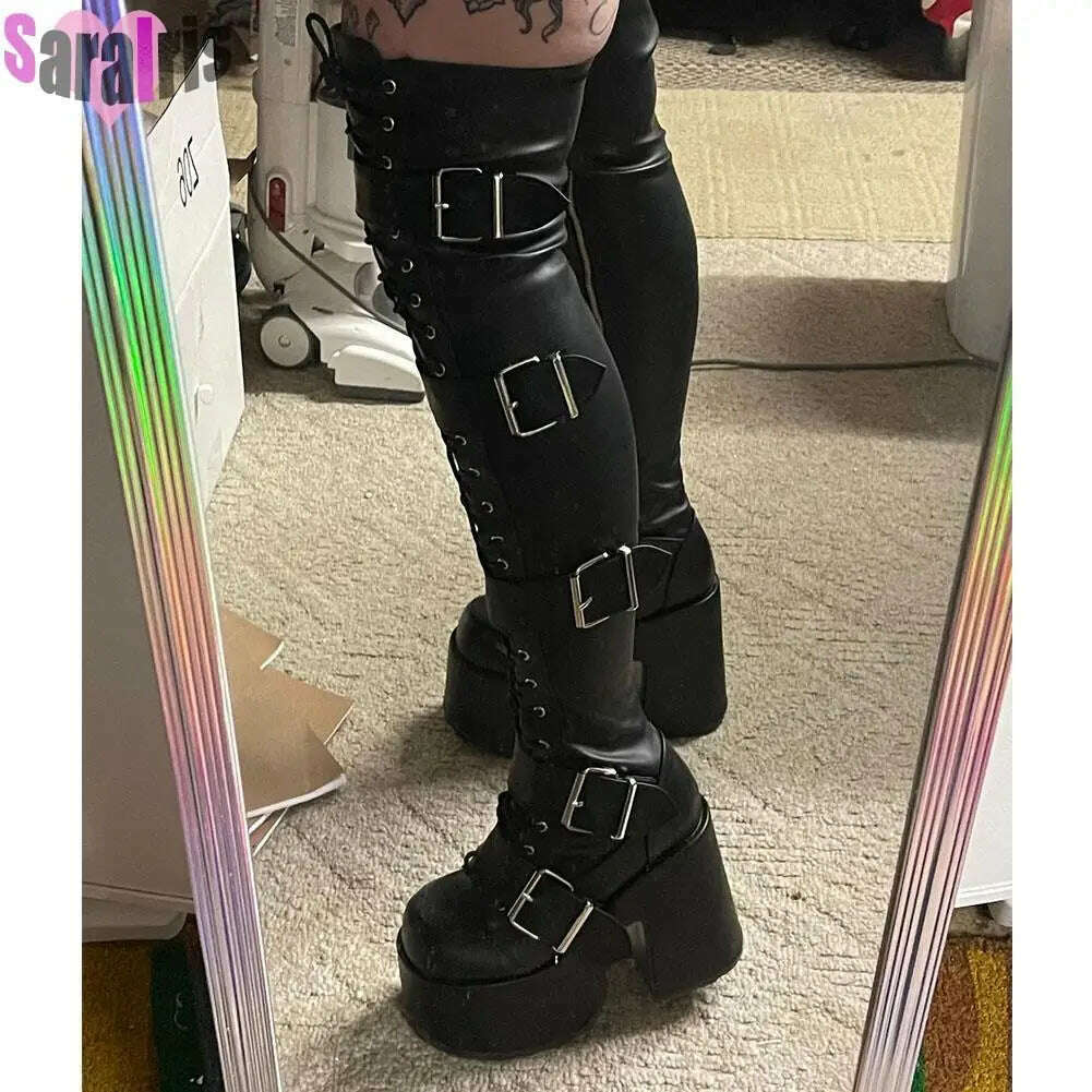KIMLUD, Gothic Punk Women Thigh Boots Platform Chunky High Heels Cosplay Black Street Shoes For Woman Y2K Motorcycle Over The Knee Boots, KIMLUD Womens Clothes