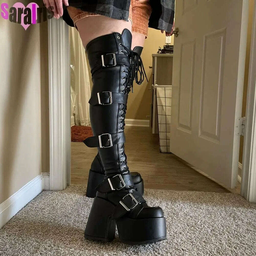 KIMLUD, Gothic Punk Women Thigh Boots Platform Chunky High Heels Cosplay Black Street Shoes For Woman Y2K Motorcycle Over The Knee Boots, KIMLUD Womens Clothes